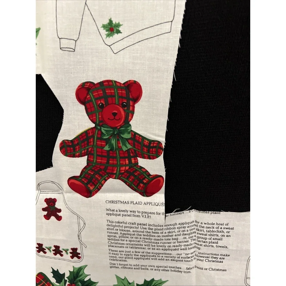 Vintage Christmas Red Plaid Teddy Bear Bows Applique Fabric Panel Cranston